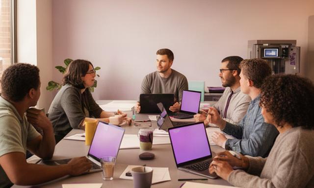 Messaging service team members meeting around a table in their Allentown office