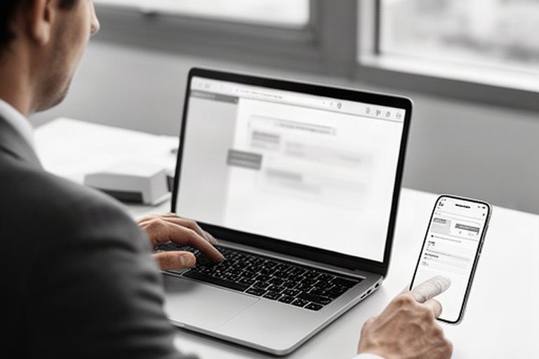 Office manager reviewing a secure client message on a laptop beside a phone with a delivery confirmation