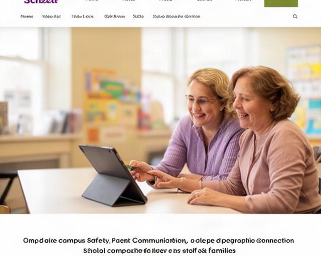 School administrator and parent reviewing secure messages in a bright community school office