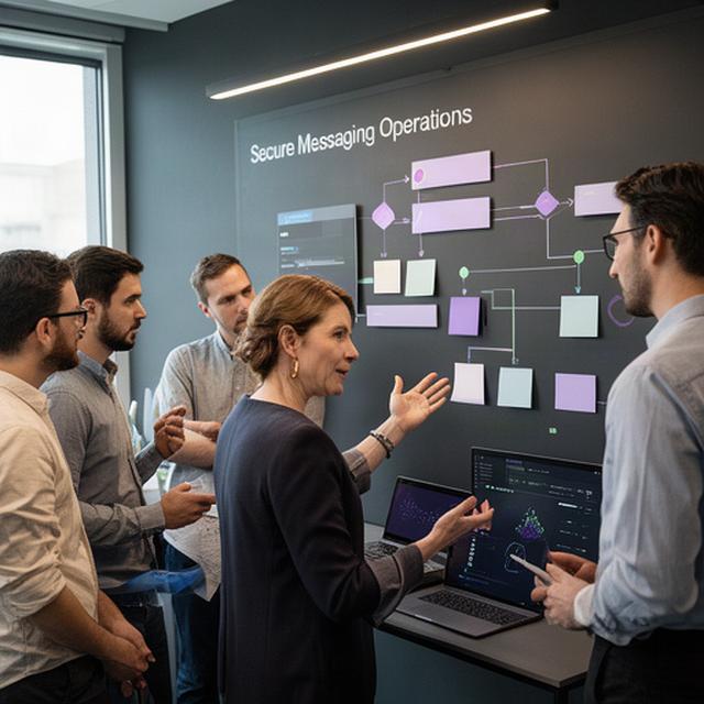 Daen Guist collaborating with engineers around a secure messaging operations board