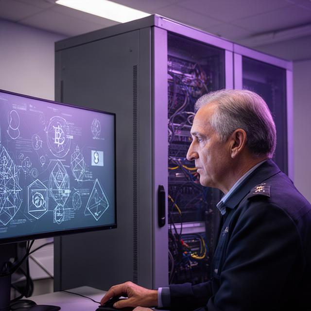 Gusmaro Rill examining cryptographic standards on a monitor beside a secure server cabinet