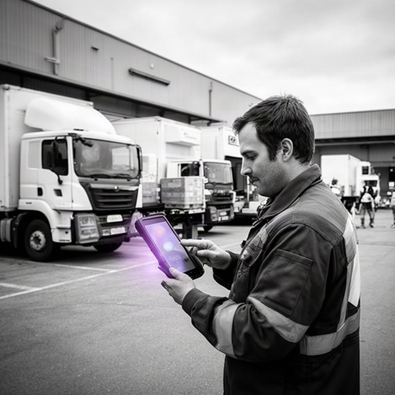 Fleet supervisor reviewing encrypted shipment alerts beside loaded delivery trucks at an industrial yard