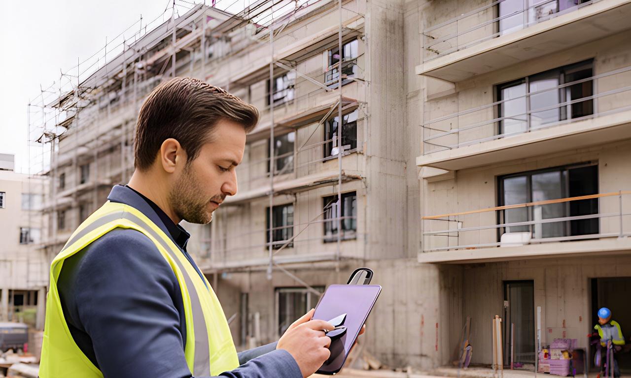 Property manager reviewing tenant messages beside a mid-construction apartment building