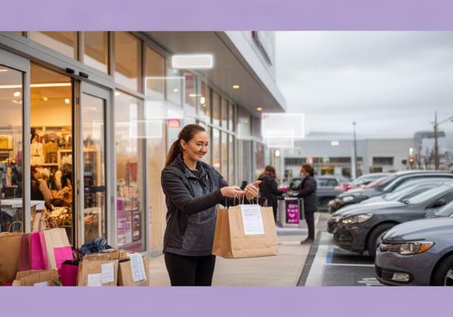 Retail associate coordinating a curbside order beside a busy storefront with customer notification screens